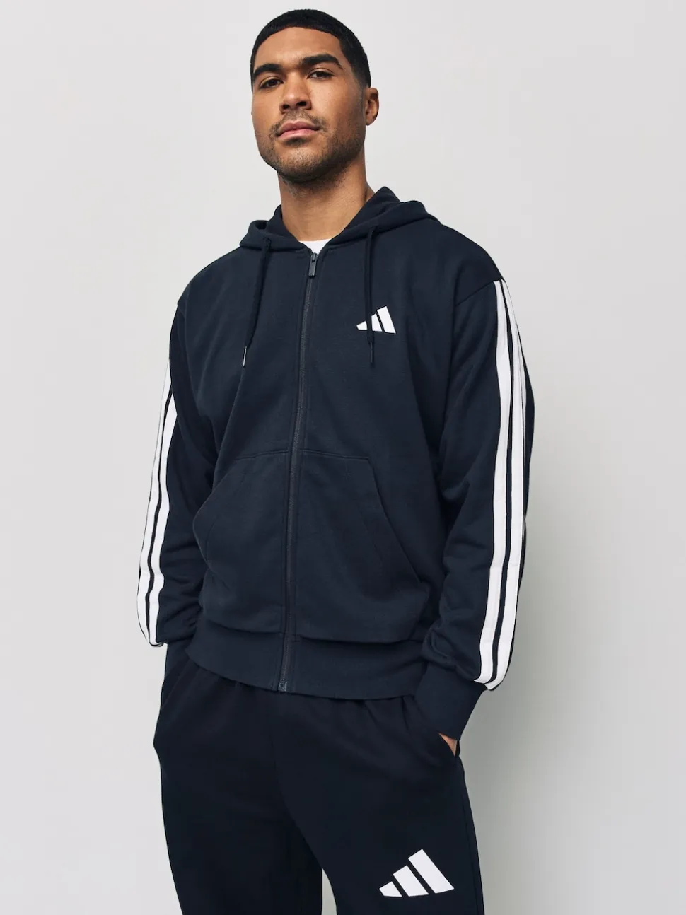 adidas Black Essentials 3-Stripes French Terry Full Zip Hoodie