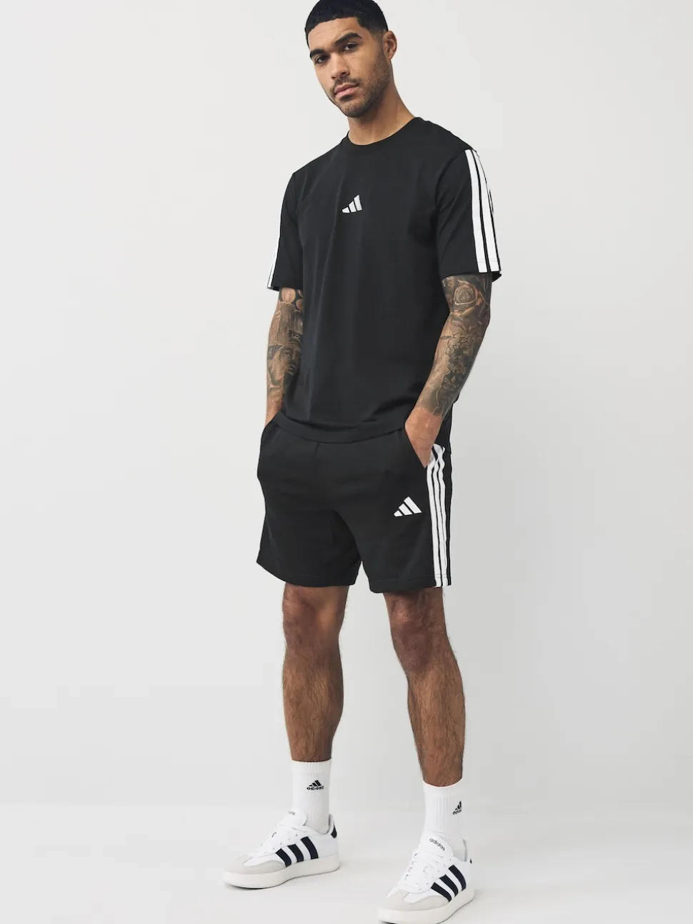 adidas Black White Essential 3-Stripes French Terry Shorts