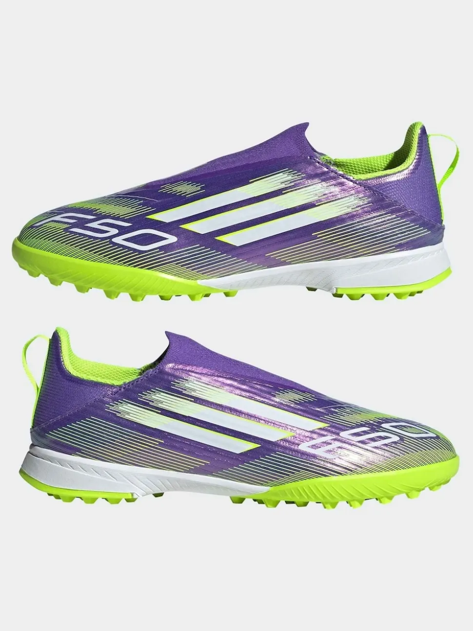 adidas Purple/Lime Kids F50 League Laceless Turf Boots