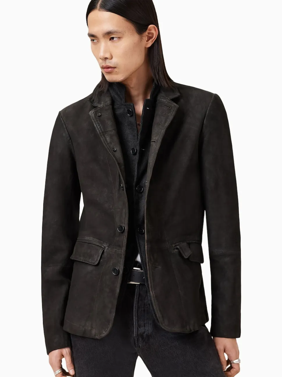 AllSaints Anthracite Grey Survey Grey Double Layered Suede Leather Blazer