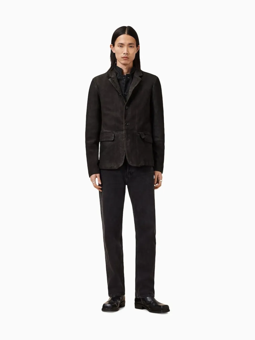 AllSaints Anthracite Grey Survey Grey Double Layered Suede Leather Blazer