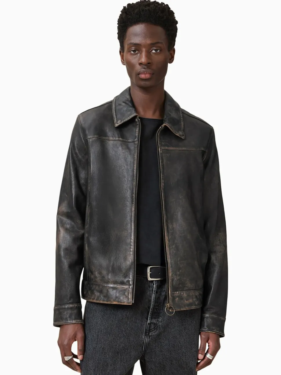AllSaints Black Alkan Black Collared Zip Up Two Tone Leather Jacket