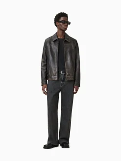AllSaints Black Alkan Black Collared Zip Up Two Tone Leather Jacket