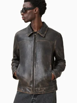 AllSaints Black Alkan Black Collared Zip Up Two Tone Leather Jacket