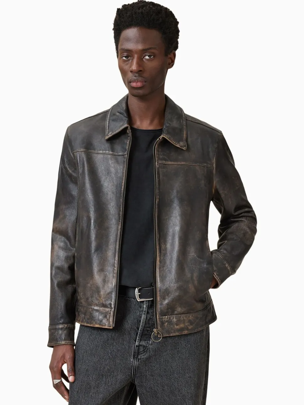 AllSaints Black Alkan Black Collared Zip Up Two Tone Leather Jacket