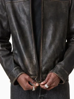 AllSaints Black Alkan Black Collared Zip Up Two Tone Leather Jacket