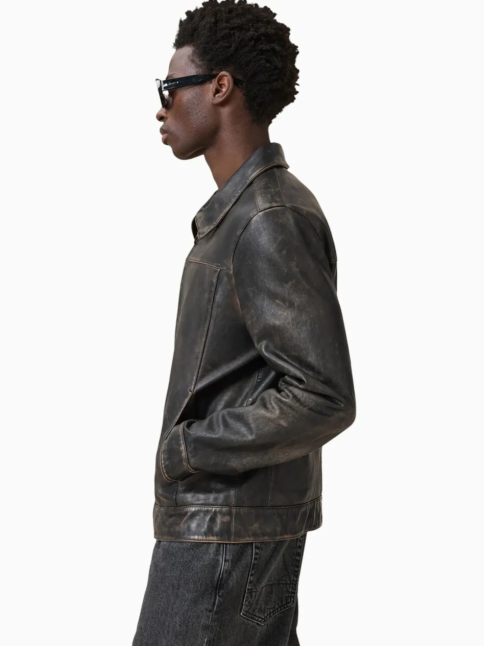 AllSaints Black Alkan Black Collared Zip Up Two Tone Leather Jacket