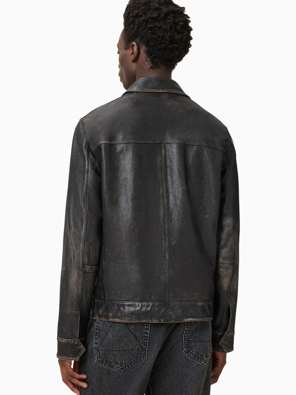 AllSaints Black Alkan Black Collared Zip Up Two Tone Leather Jacket