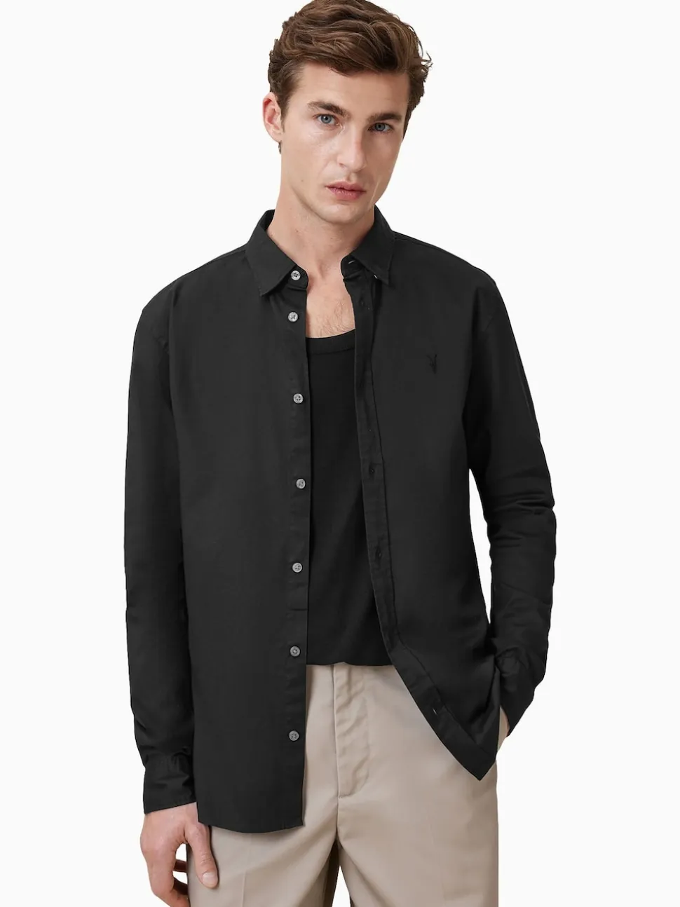 AllSaints Black Hawthorne Black Long Sleeve Button Up Shirt