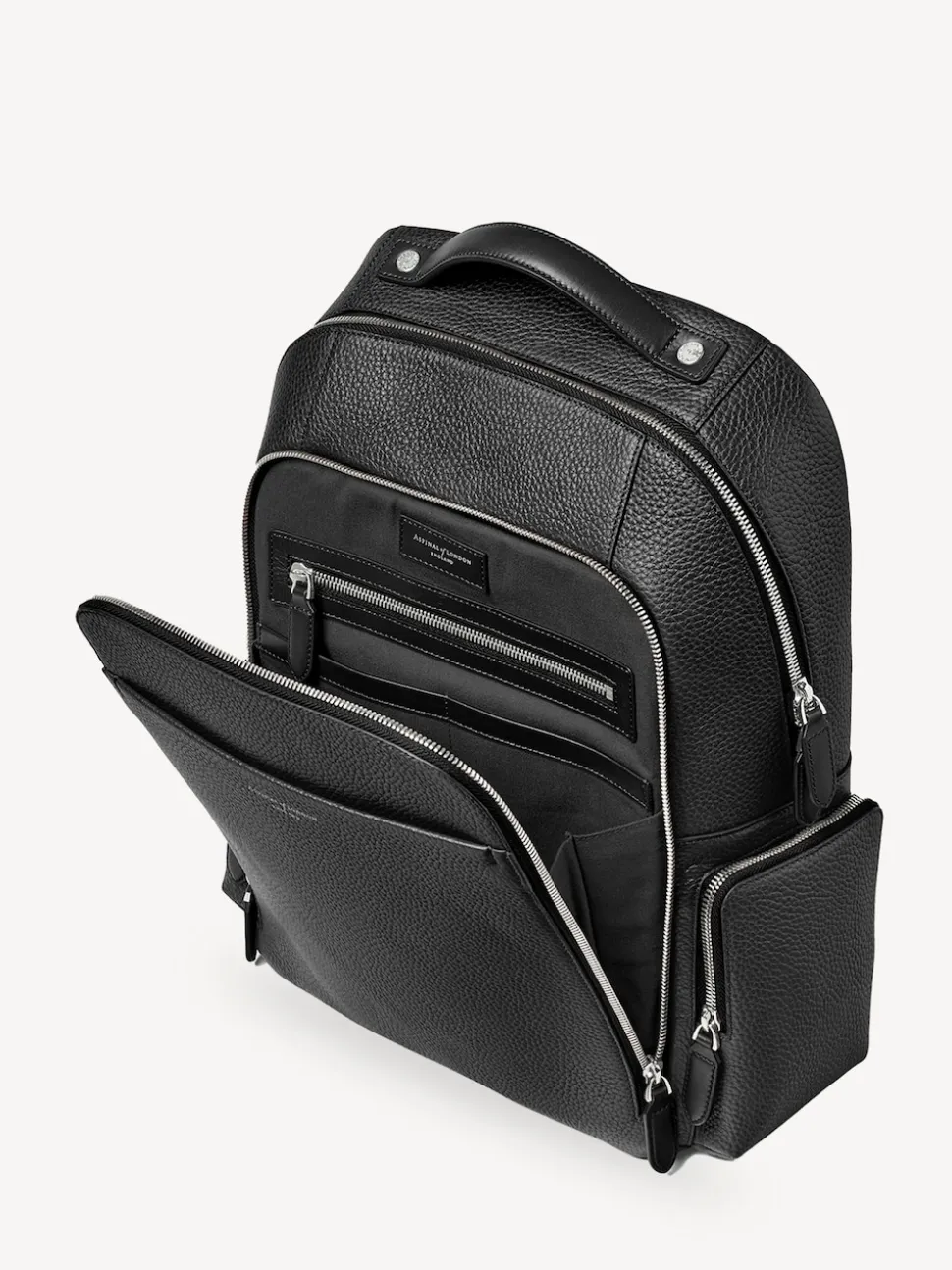 Aspinal of London Black Reporter Pebble Leather Zip Backpack