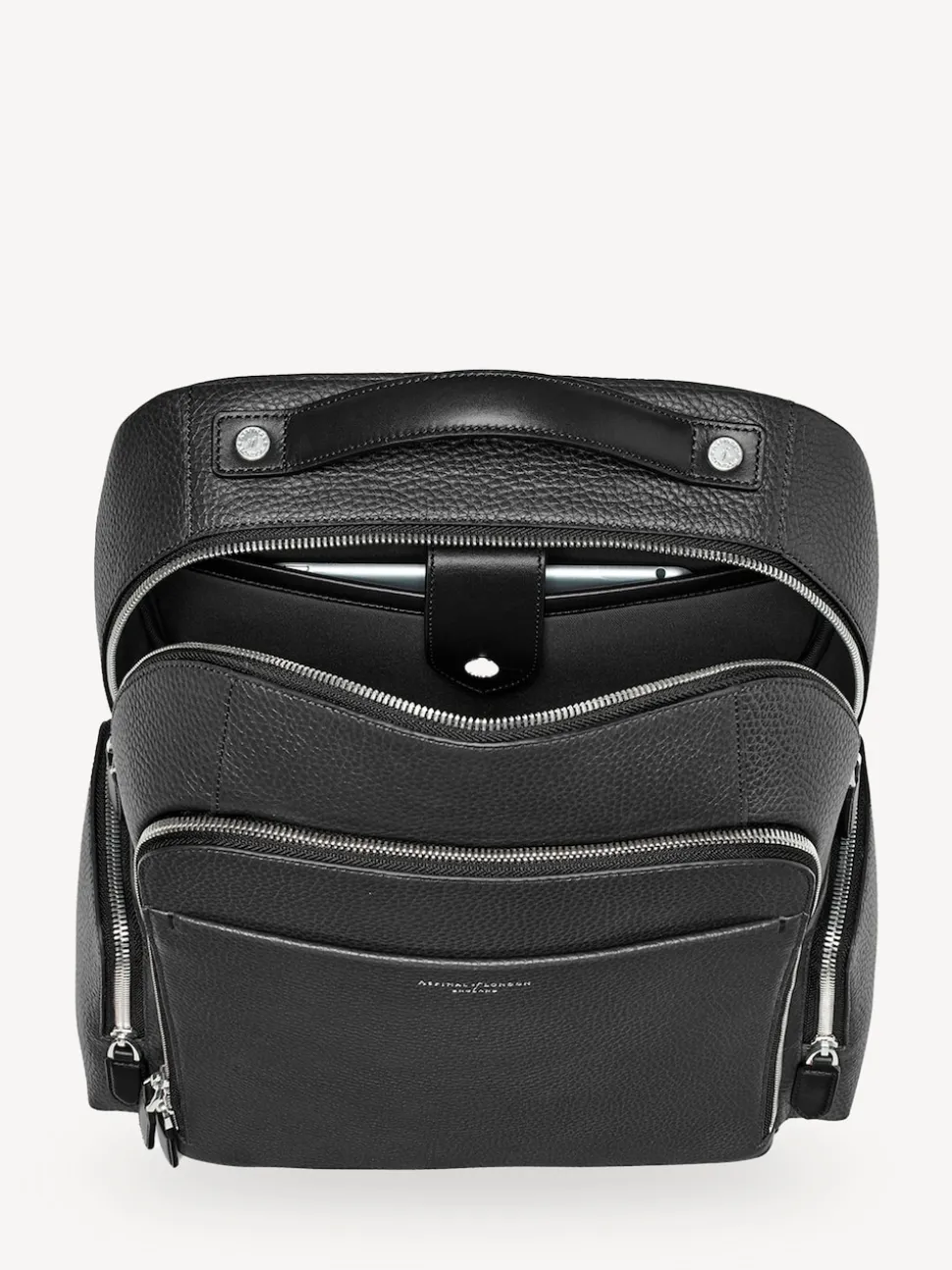 Aspinal of London Black Reporter Pebble Leather Zip Backpack