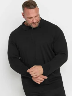 BadRhino Big & Tall Black Long Sleeve Knitted Zip Polo Shirt