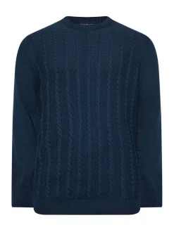 BadRhino Big & Tall Blue 100% Cotton Cable Crew Neck Jumper