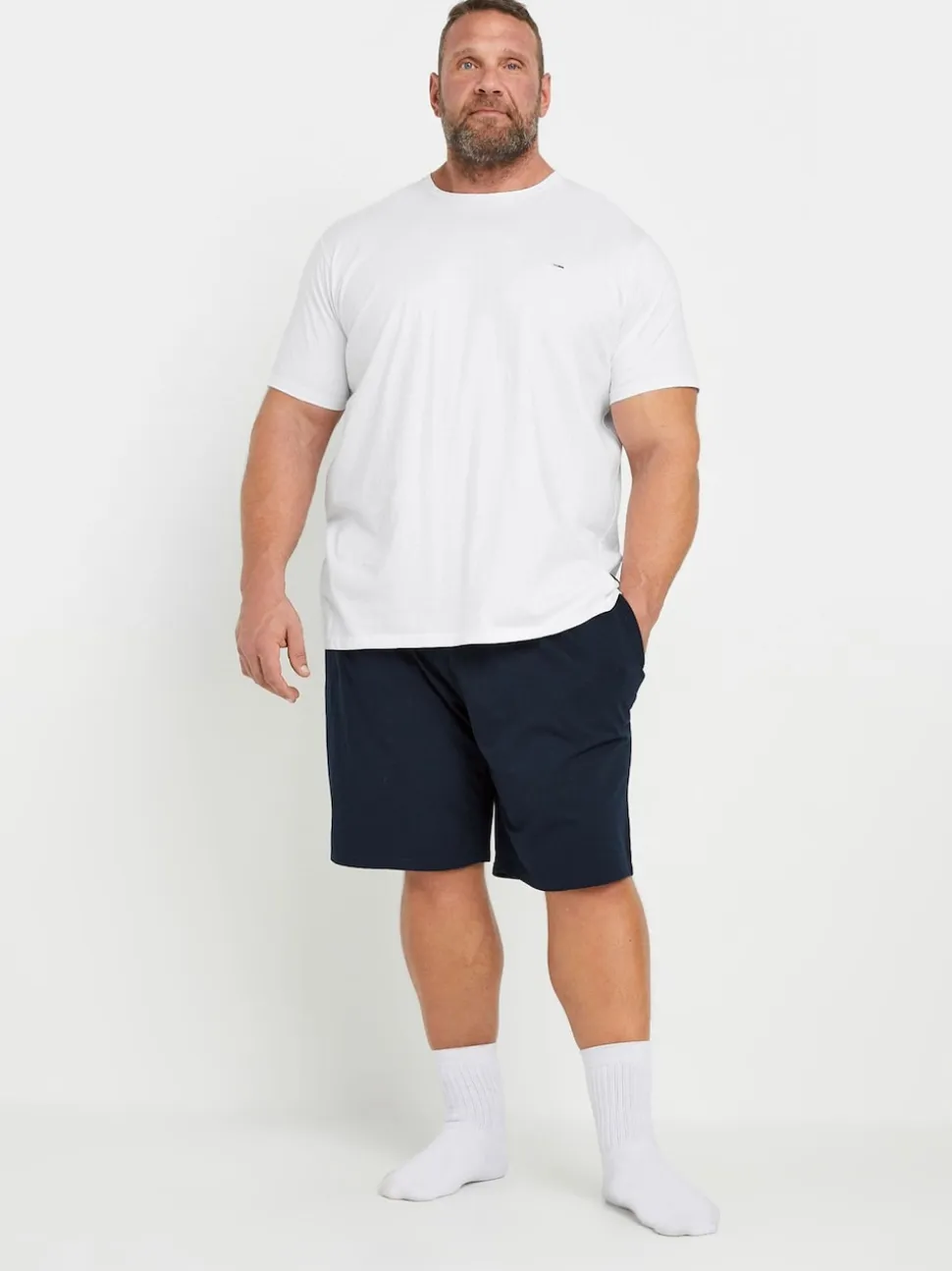 BadRhino Big & Tall White & Navy Blue Lounge 100% Cotton Shorts & T-Shirt Set