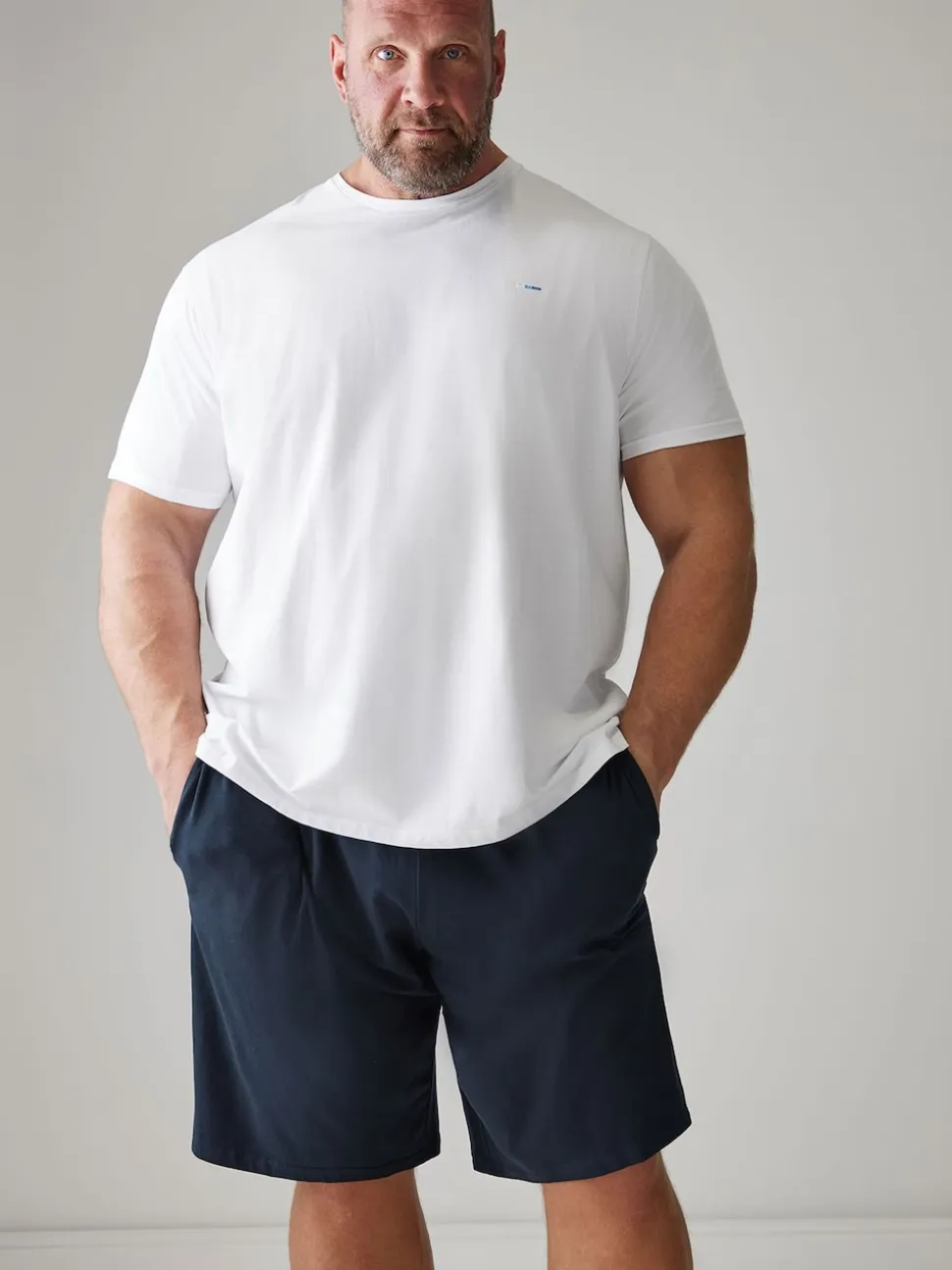 BadRhino Big & Tall White & Navy Blue Lounge 100% Cotton Shorts & T-Shirt Set