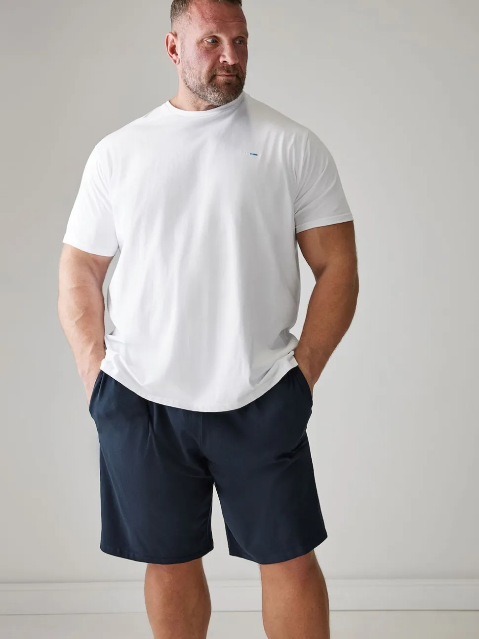 BadRhino Big & Tall White & Navy Blue Lounge 100% Cotton Shorts & T-Shirt Set