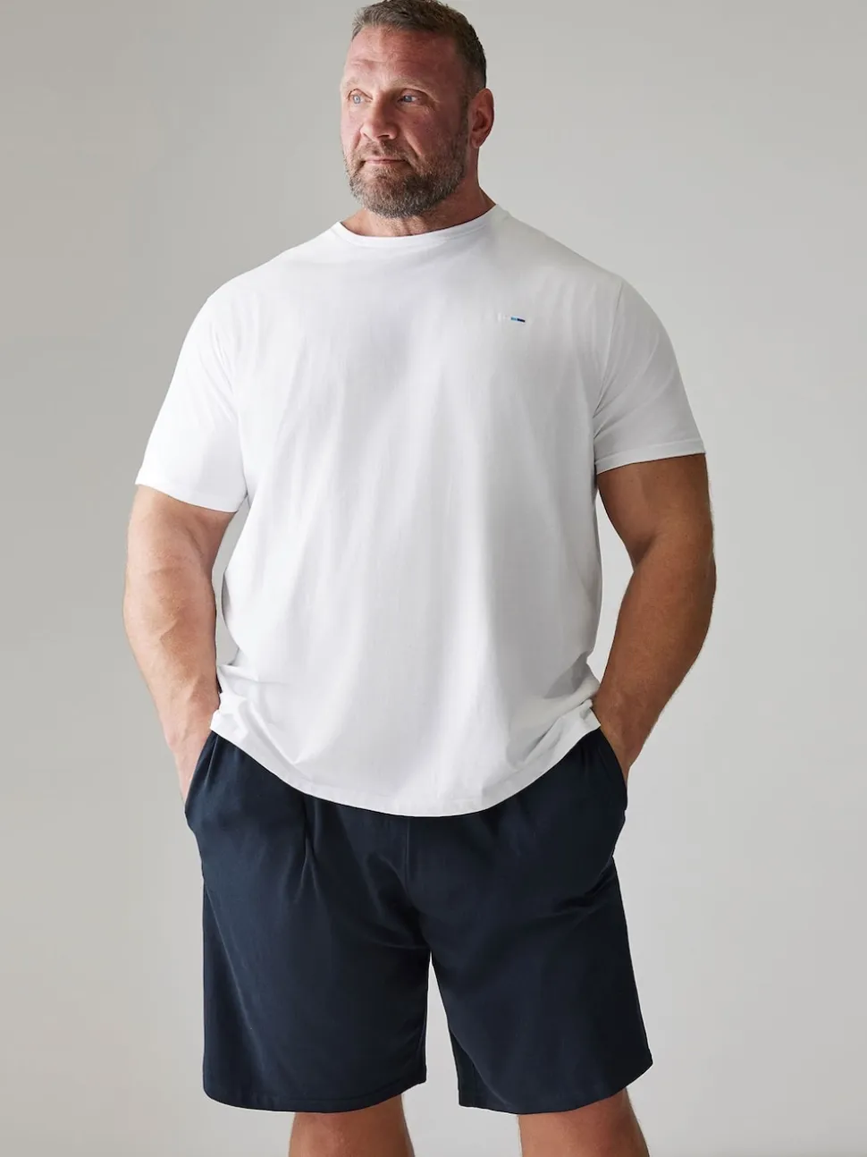 BadRhino Big & Tall White & Navy Blue Lounge 100% Cotton Shorts & T-Shirt Set