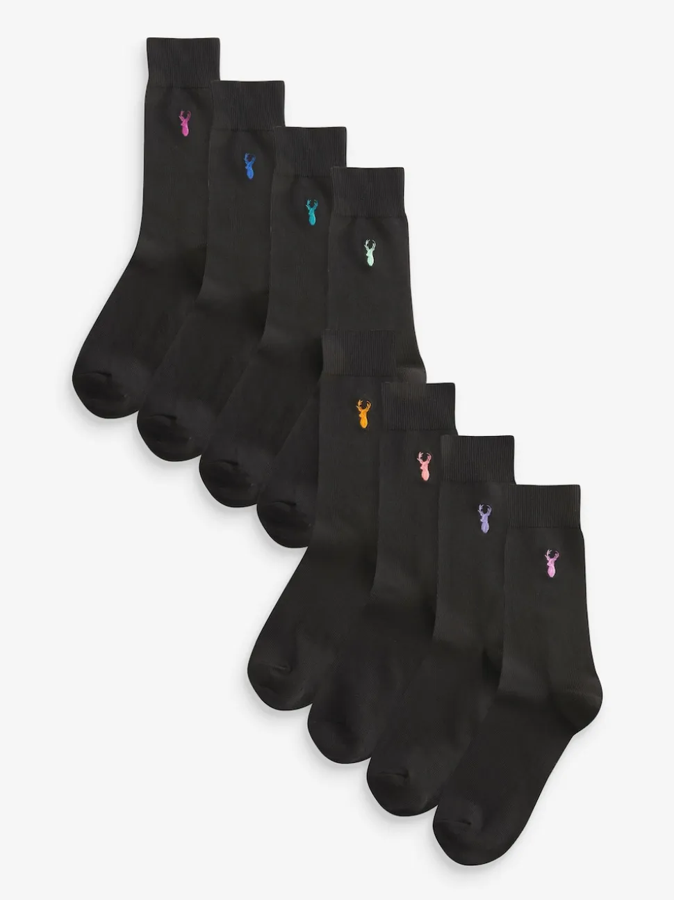 Black 8 Pack Multi Stag Lasting Fresh Embroidered Socks