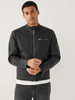 Black Borg Lined Faux Leather Biker Jacket