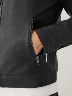 Black Borg Lined Faux Leather Biker Jacket