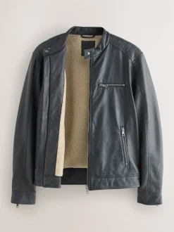 Black Borg Lined Faux Leather Biker Jacket