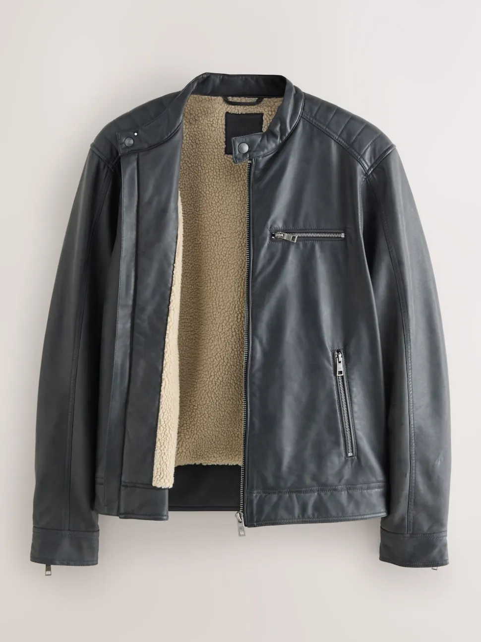 Black Borg Lined Faux Leather Biker Jacket