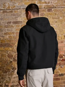 Black Canvas Borg Lined Hooded Jacket