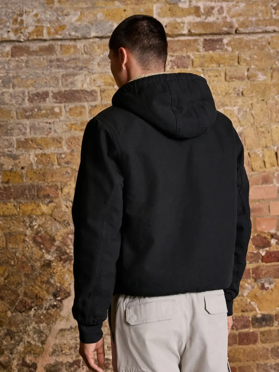 Black Canvas Borg Lined Hooded Jacket