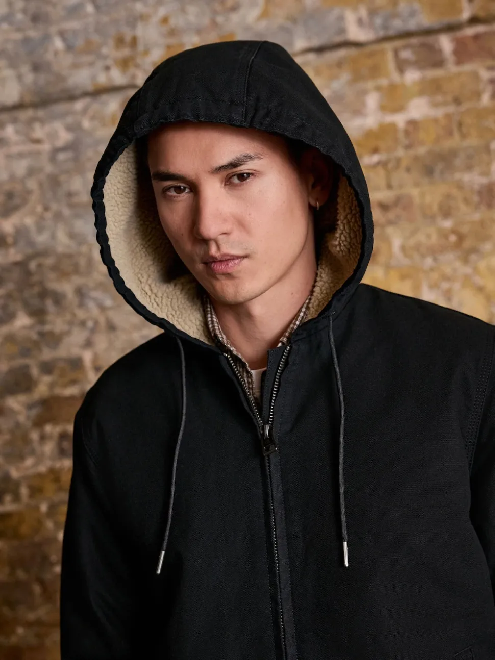 Black Canvas Borg Lined Hooded Jacket