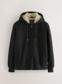 Black Canvas Borg Lined Hooded Jacket