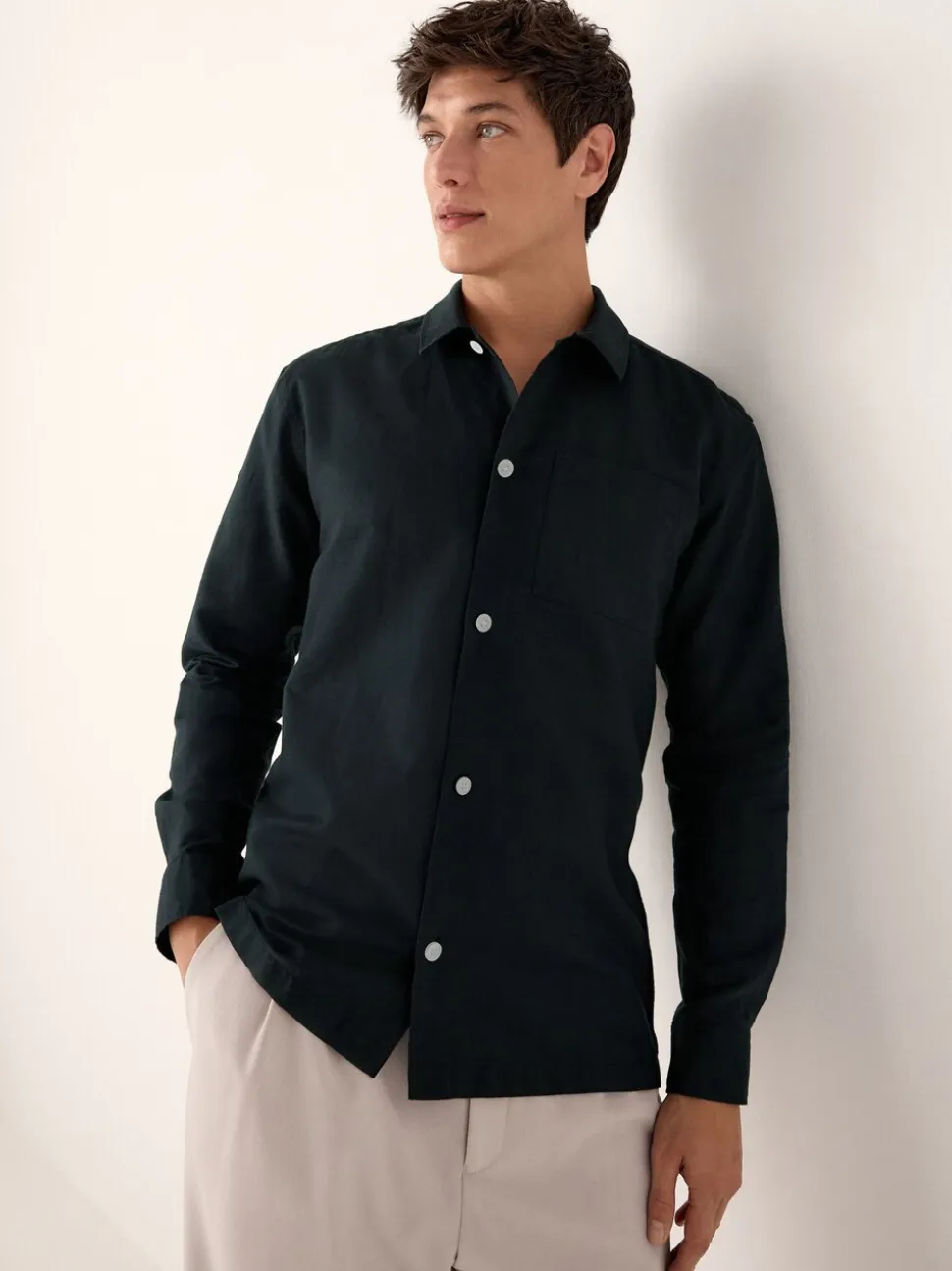 Black Cotton Linen Blend Long Sleeve Shirt