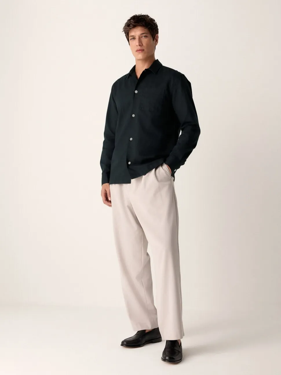 Black Cotton Linen Blend Long Sleeve Shirt