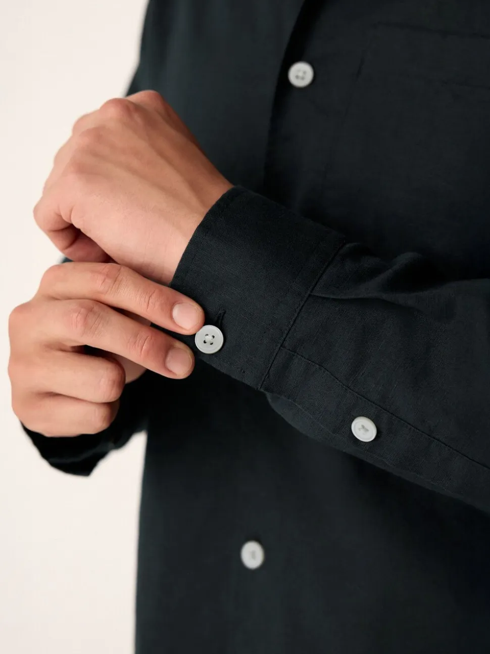 Black Cotton Linen Blend Long Sleeve Shirt