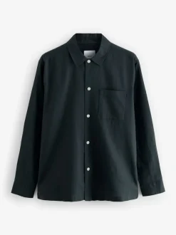 Black Cotton Linen Blend Long Sleeve Shirt