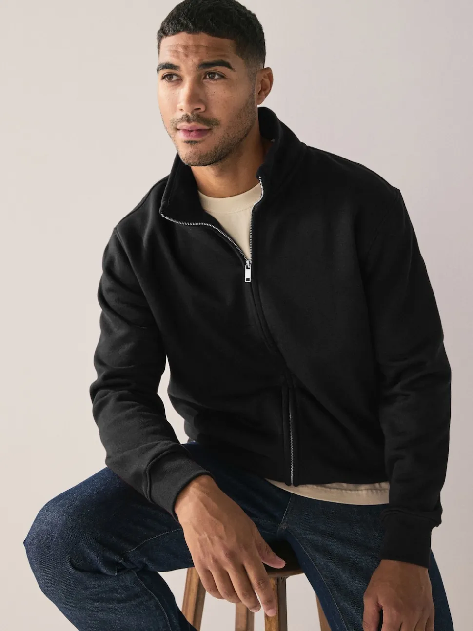 Black Cotton Rich Jersey Full Zip Funnel Neck Sweatshirt
