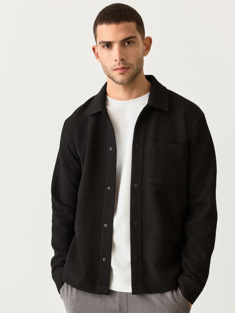 Black Diagonal Texture Jersey Shacket
