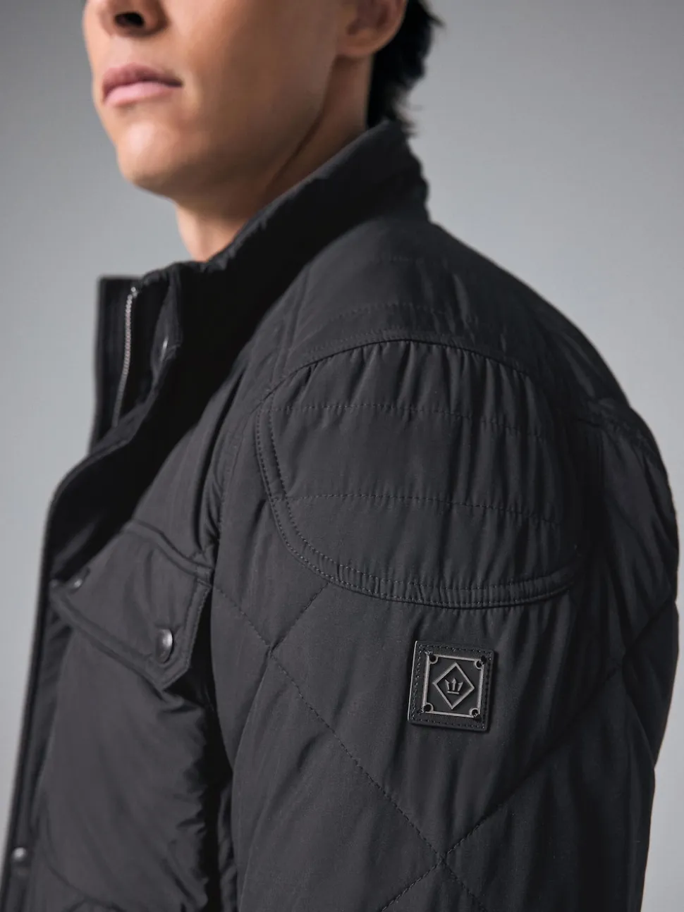 Black Diamond Quilted Shower Resistant Biker Jacket