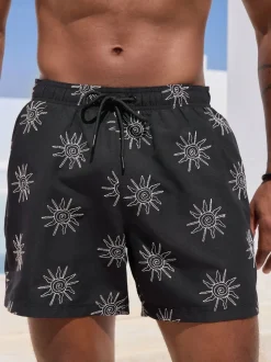Black Embroidered Swim Shorts