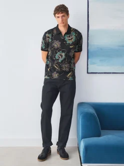 Black Floral Short Sleeve Print Polo Shirt