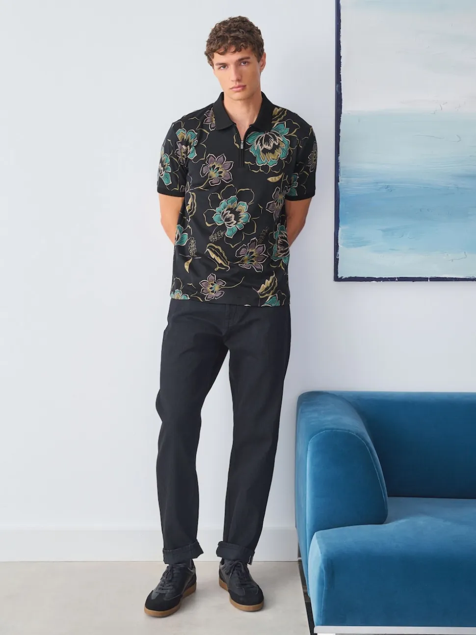 Black Floral Short Sleeve Print Polo Shirt