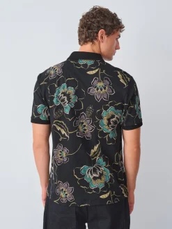 Black Floral Short Sleeve Print Polo Shirt