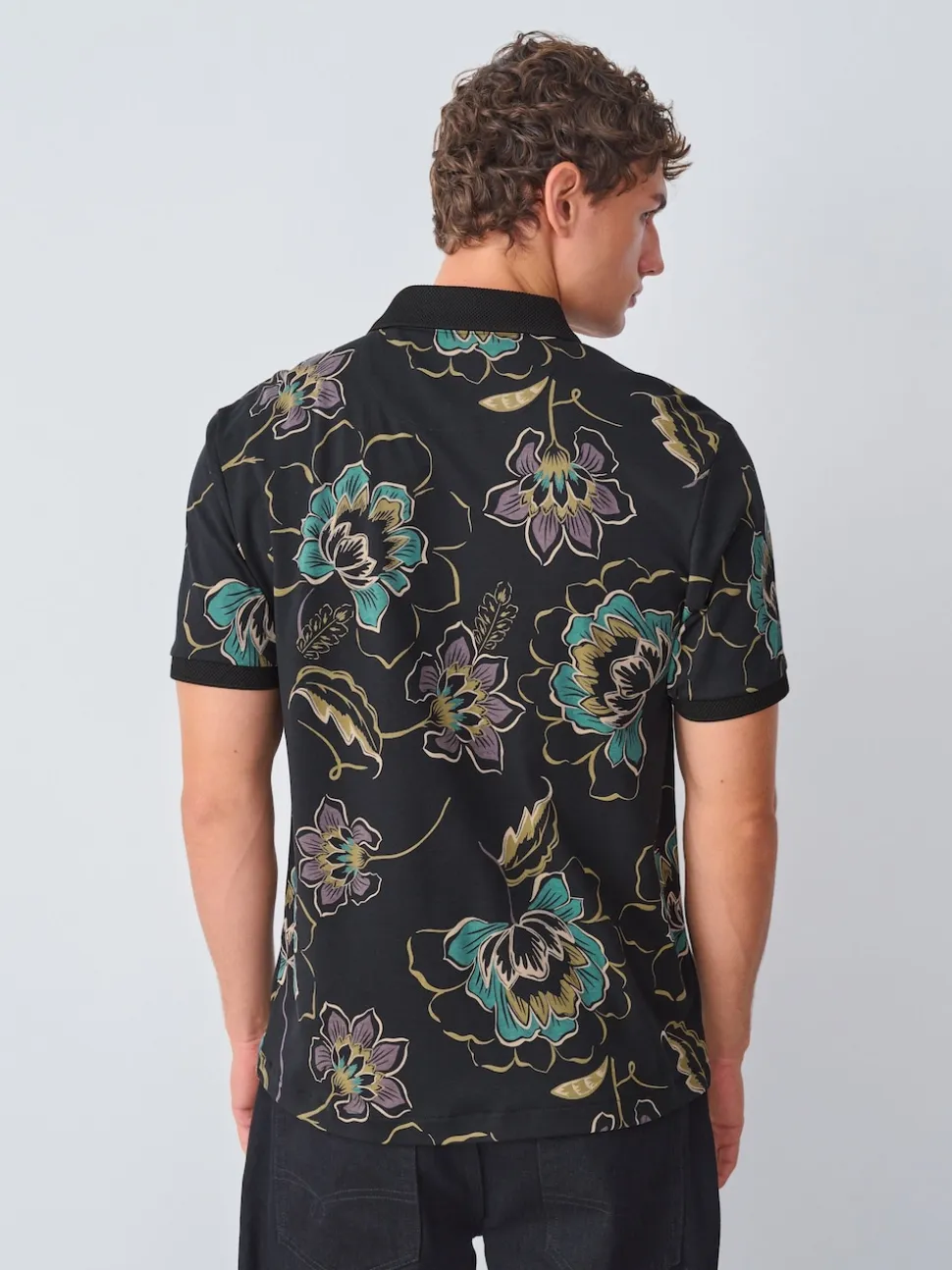 Black Floral Short Sleeve Print Polo Shirt