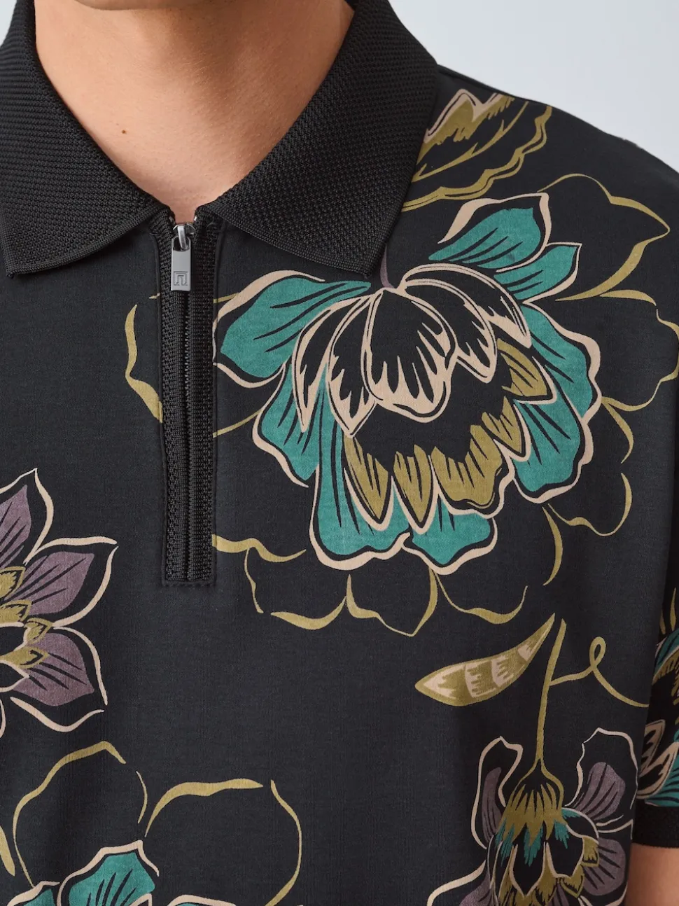 Black Floral Short Sleeve Print Polo Shirt