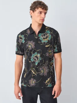 Black Floral Short Sleeve Print Polo Shirt