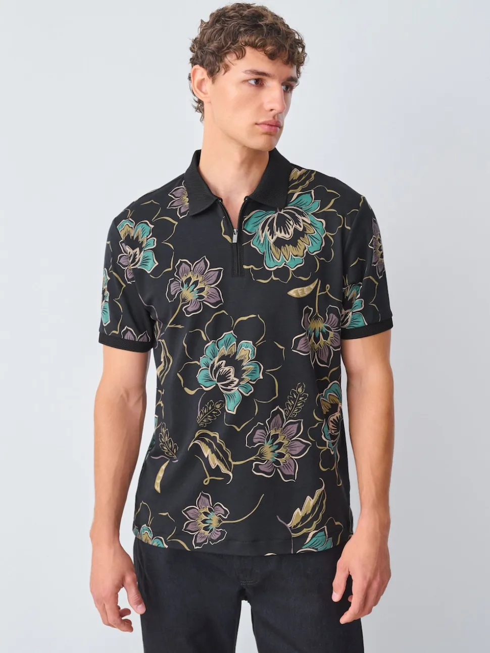 Black Floral Short Sleeve Print Polo Shirt