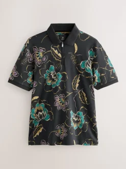 Black Floral Short Sleeve Print Polo Shirt