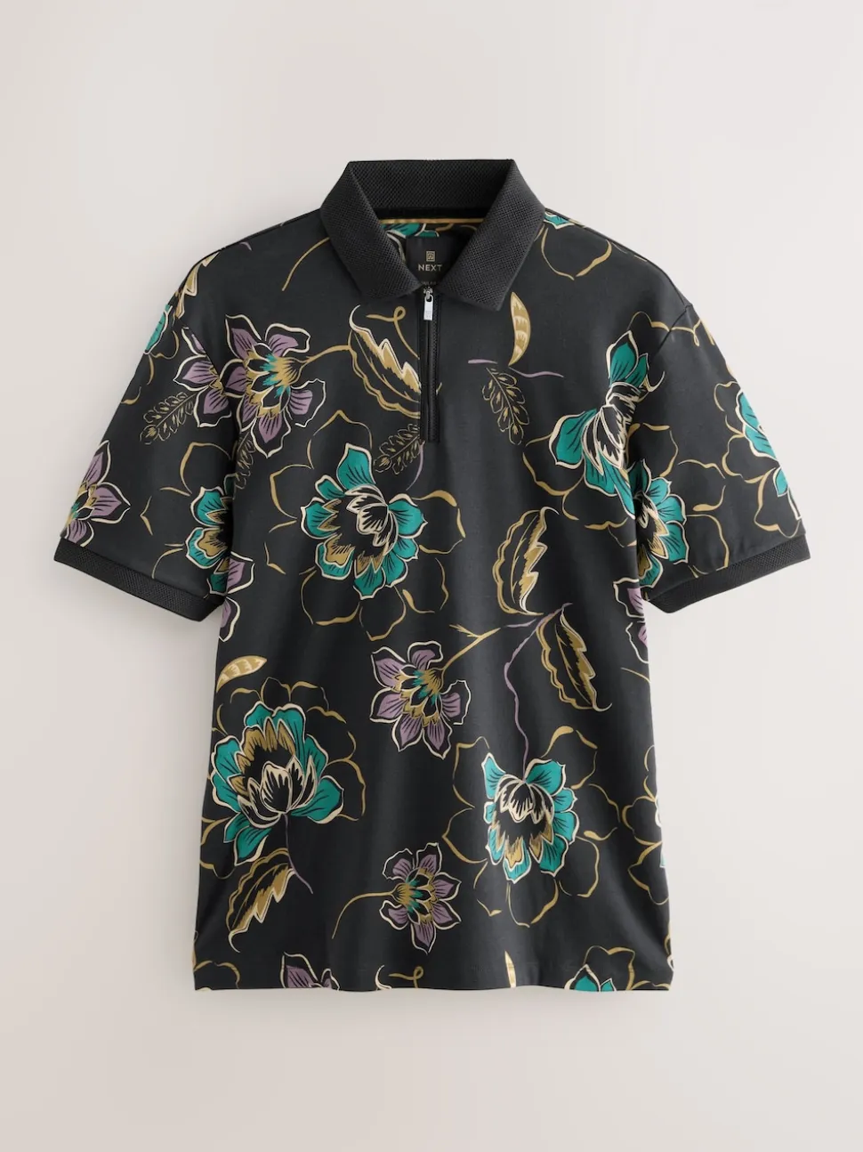 Black Floral Short Sleeve Print Polo Shirt