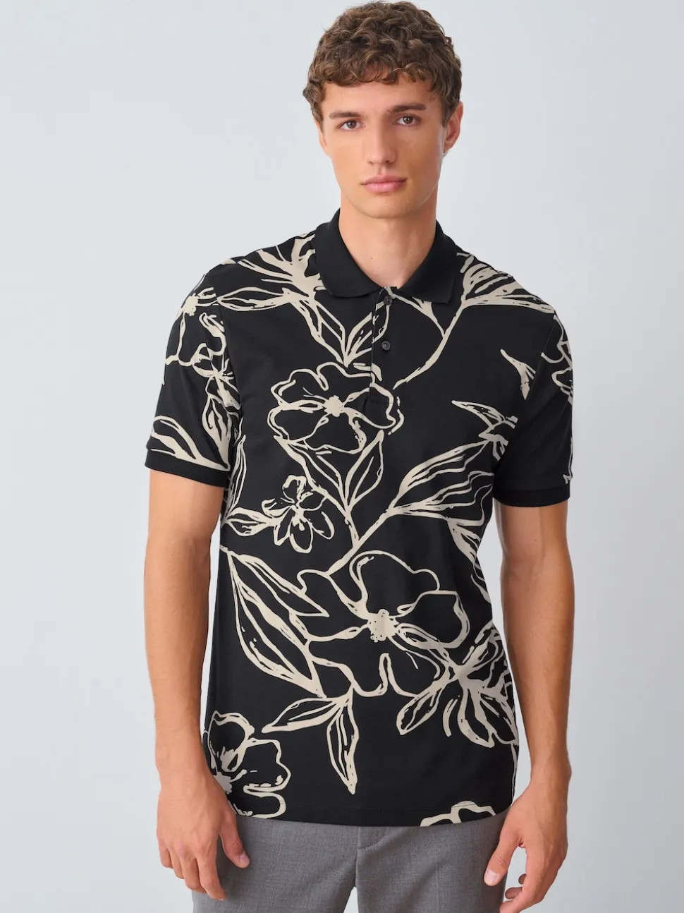 Black Gold Floral Short Sleeve Print Polo Shirt