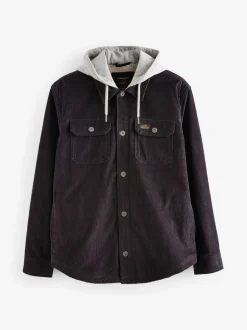 Black Hooded Corduroy Borg Lined Shacket