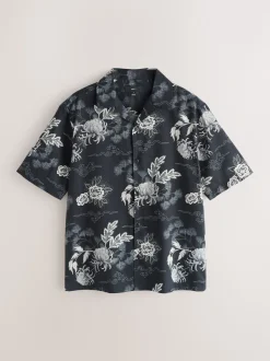 Black Japanese Style Print Short Sleeve Shirt